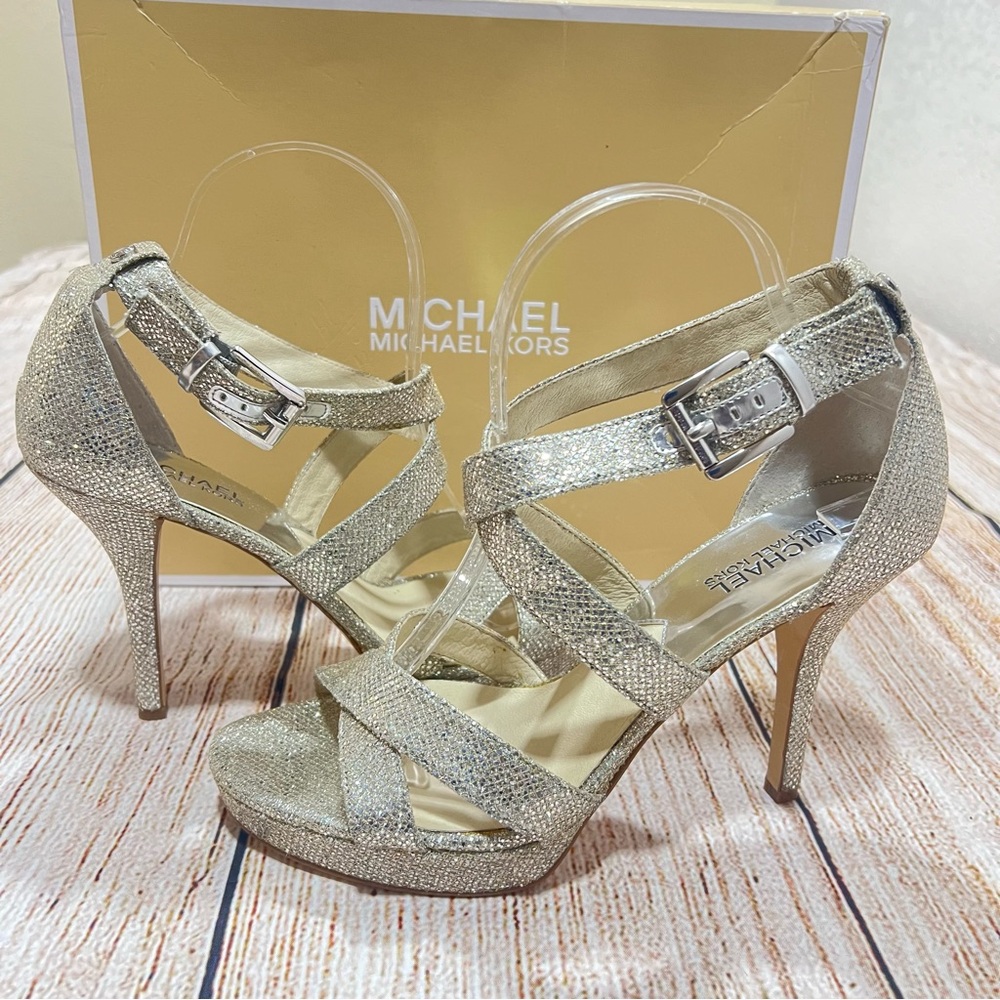Michael Kors Silver Strap Up Heels Sz 9 - Picture 2 of 5